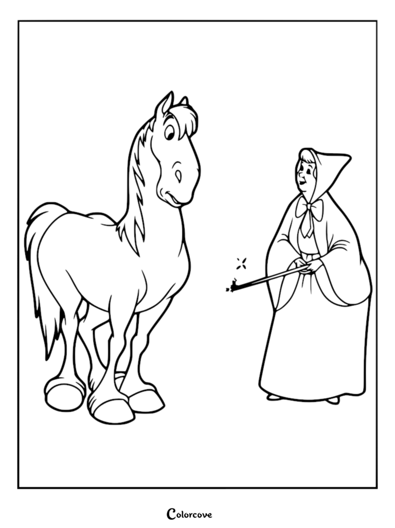 Fairy Godmother using her magic wand to transform Major, Cinderella's horse, in this printable coloring page.