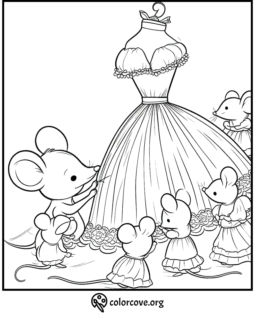 Mice sewing a dress on a mannequin, coloring page for kids, cute animals helping with dressmaking.