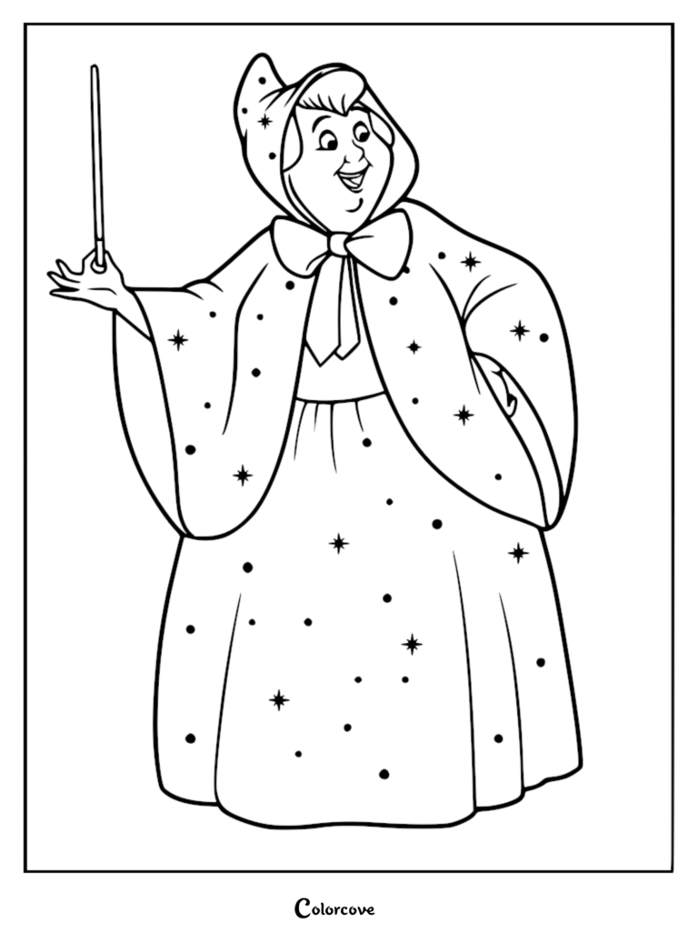 Fairy Godmother holding a magic wand in this printable coloring page