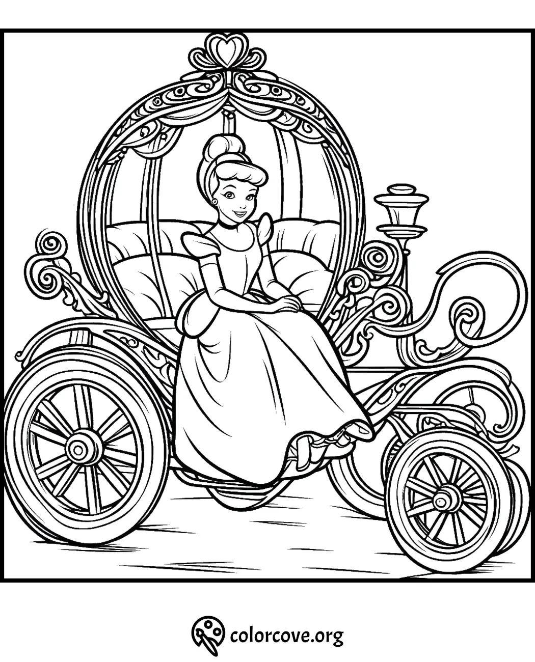 Princess in an elegant carriage coloring page, perfect for kids who love fairy tales and creative activities.