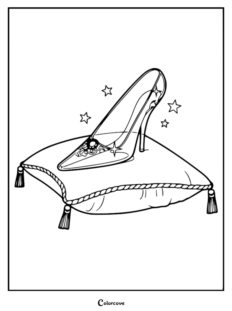 Cinderella glass slipper resting on a tasseled pillow, detailed line art coloring page with sparkling stars.
