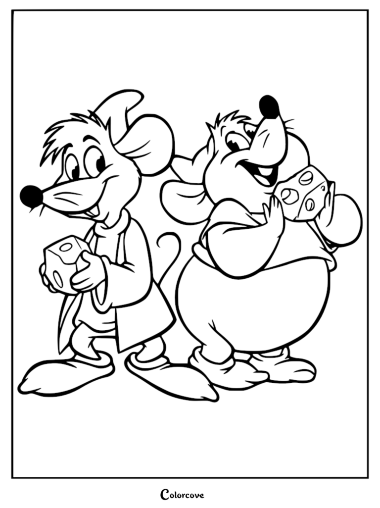 Jaq and Gus standing side by side in this Cinderella coloring page, with Jaq holding a block and Gus holding a piece of cheese.