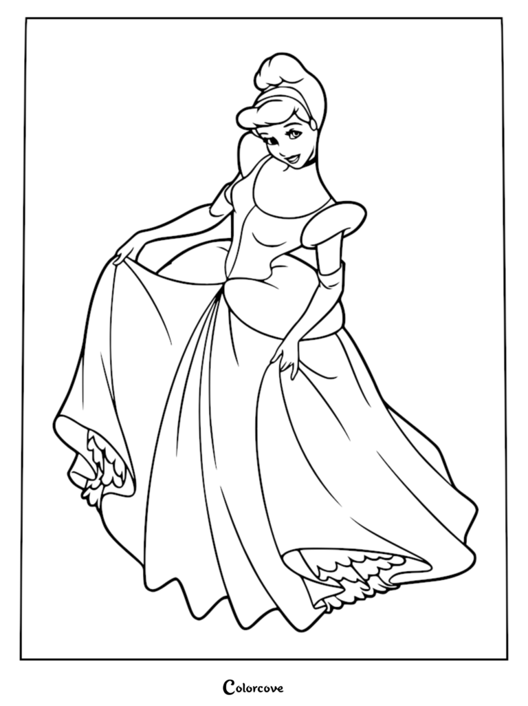 Cinderella wearing her elegant ballgown and gloves in this printable coloring page.