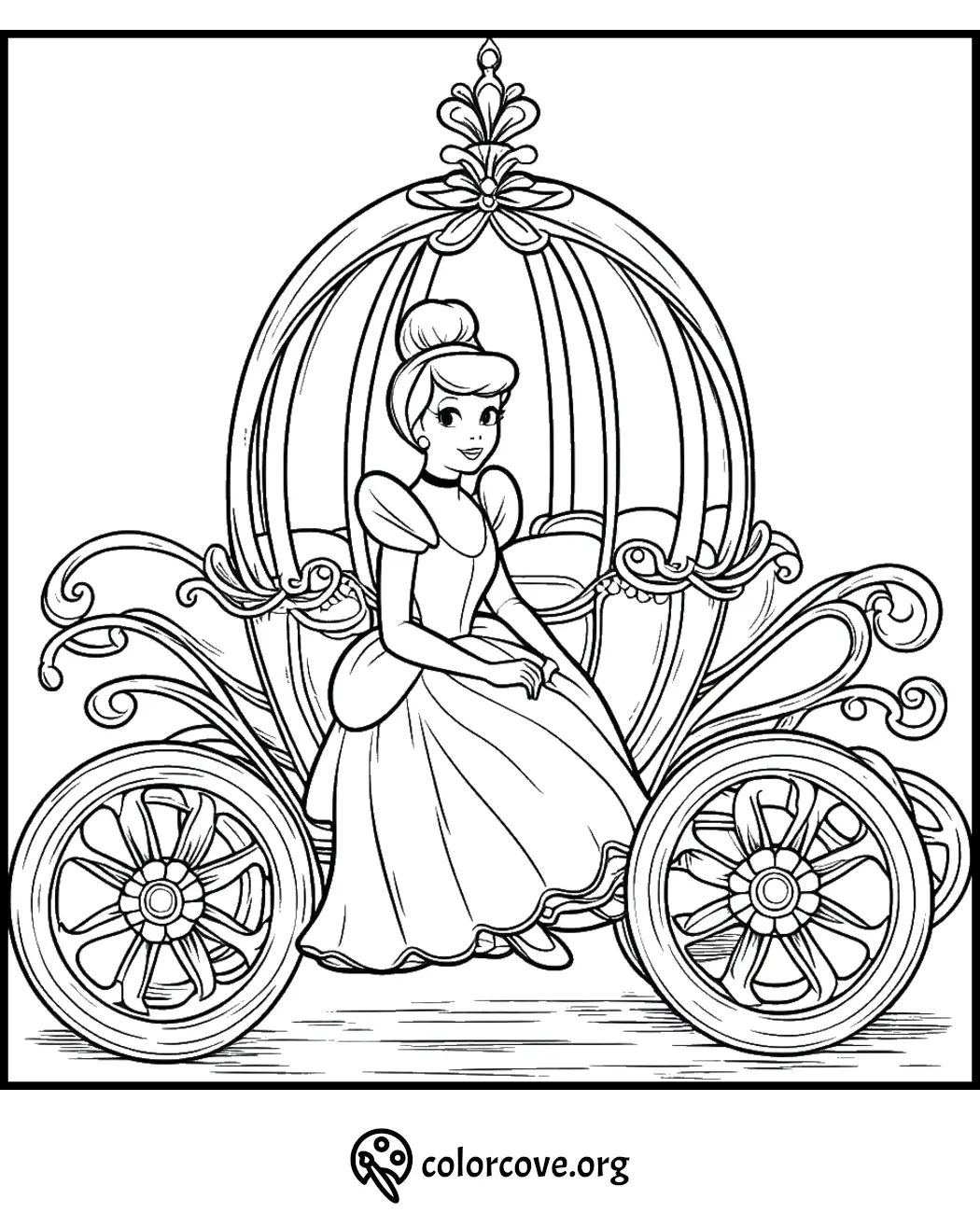 Princess in a horse-drawn carriage coloring page, intricate design, perfect for kids and fairy tale enthusiasts.