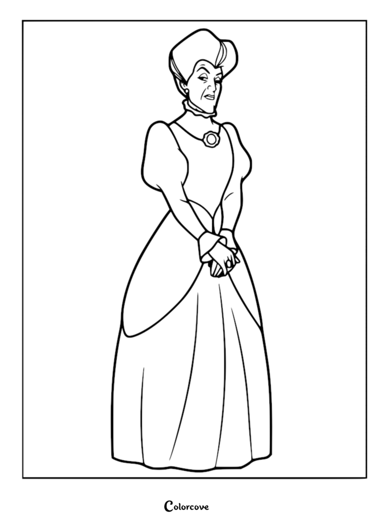 Lady Tremaine standing with a stern expression in a detailed line art coloring page.