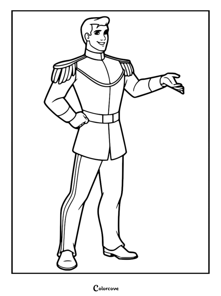 Prince Charming standing in his royal uniform with gold epaulettes in this printable coloring page.