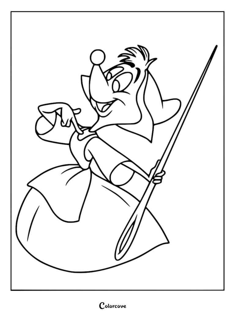 Suzy, the friendly mouse from the 1950 Disney film, holding a large needle while working on Cinderella's ball gown in this printable coloring page.