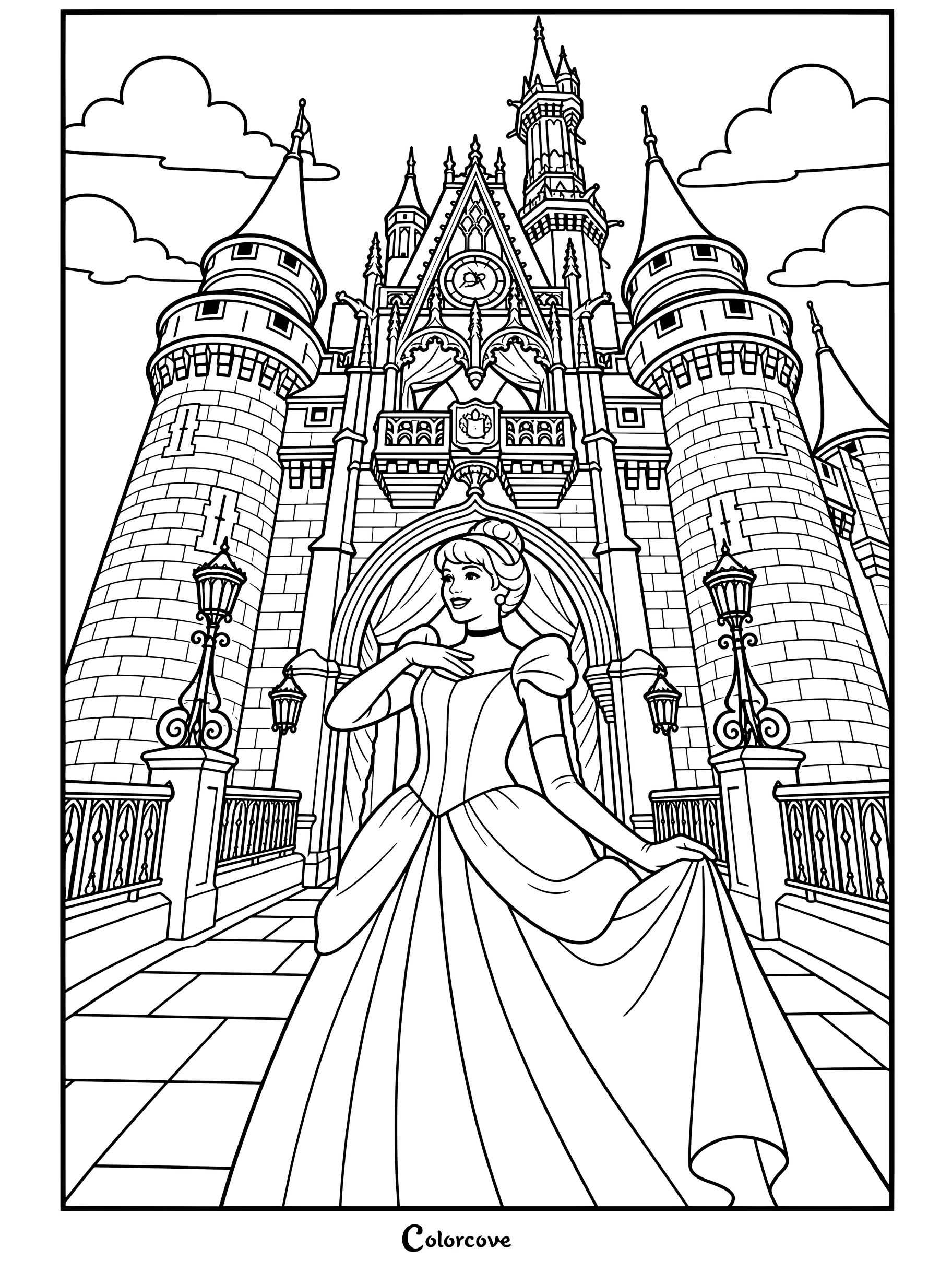 Cendrillon debout devant le château pour un coloriage.