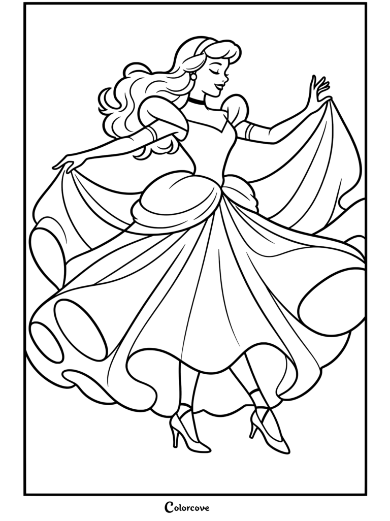 Cinderella dancing in sparkling blue ballgown holding skirt edges with glass slippers coloring page