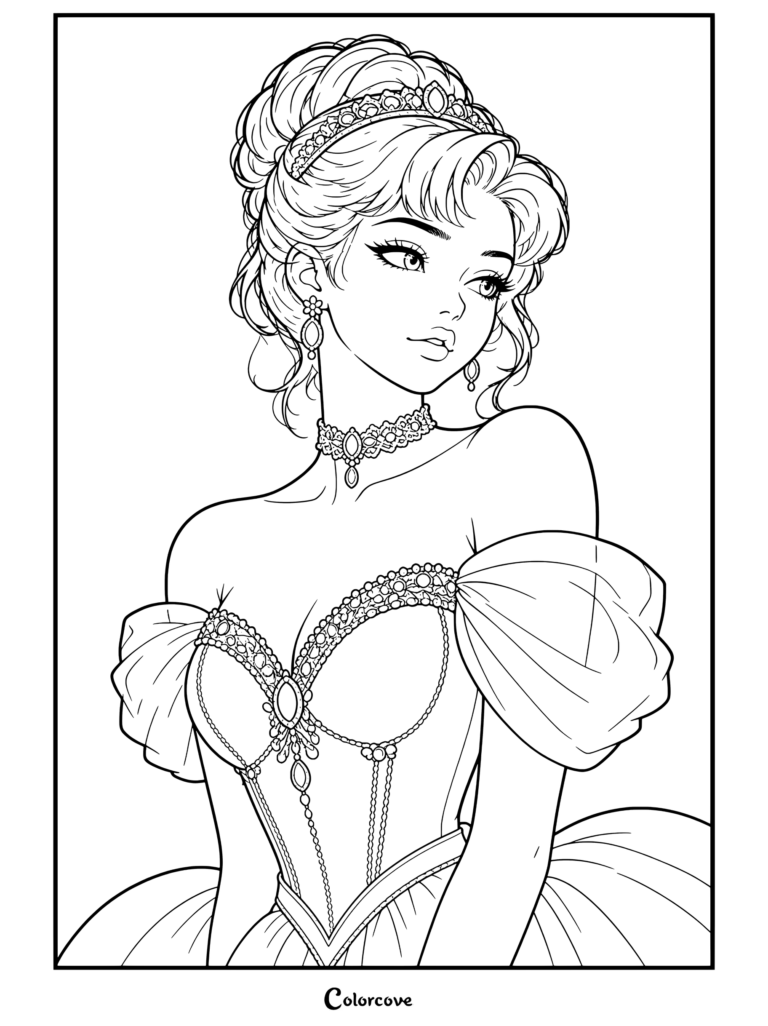 Cinderella elegant portrait in sparkling light blue ballgown with tiara, choker, and crystal earrings coloring page