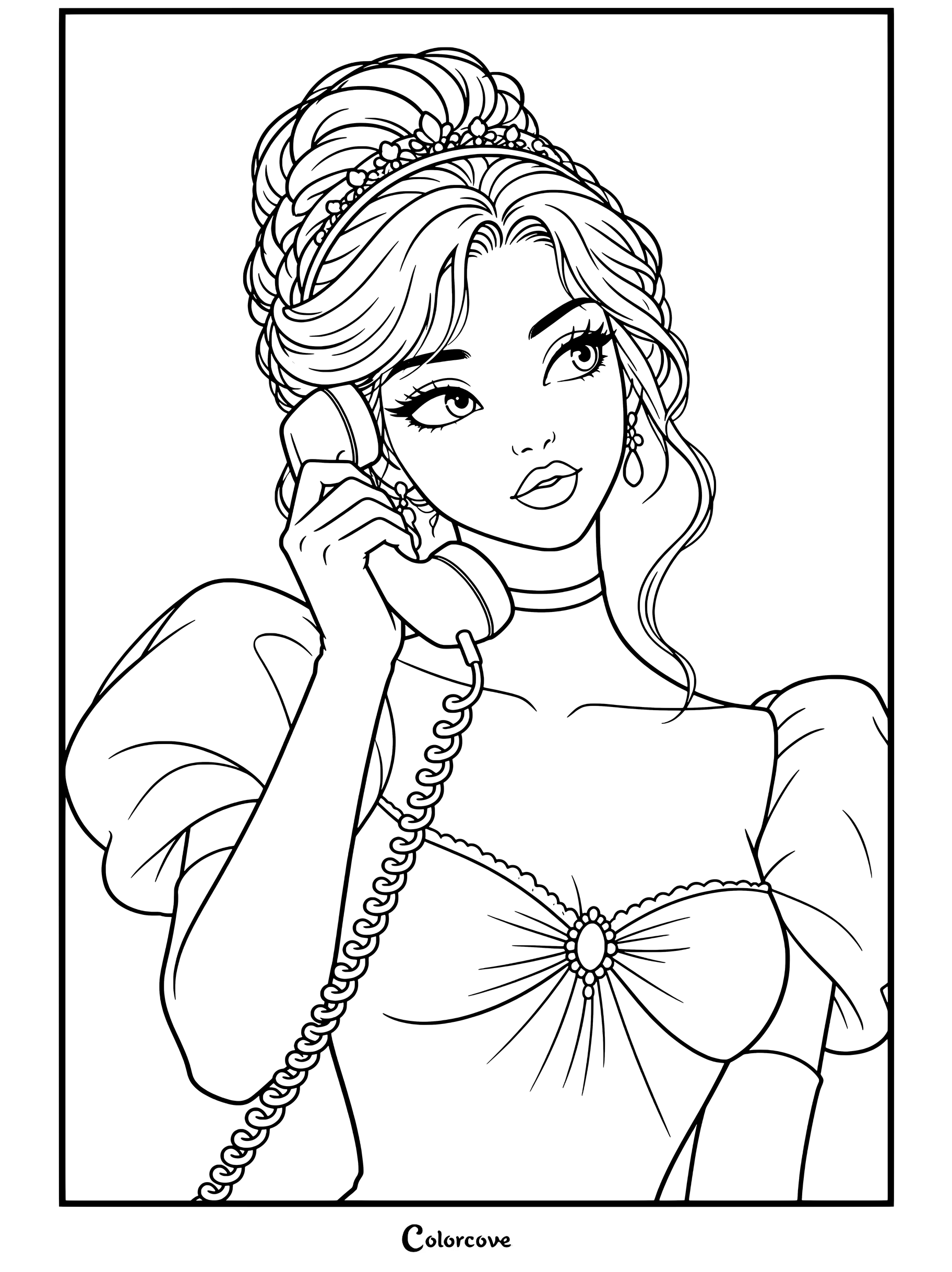 Cendrillon tenant un combiné téléphonique argenté étincelant tout en portant une robe de bal bleue et un diadème dans ce coloriage détaillé.