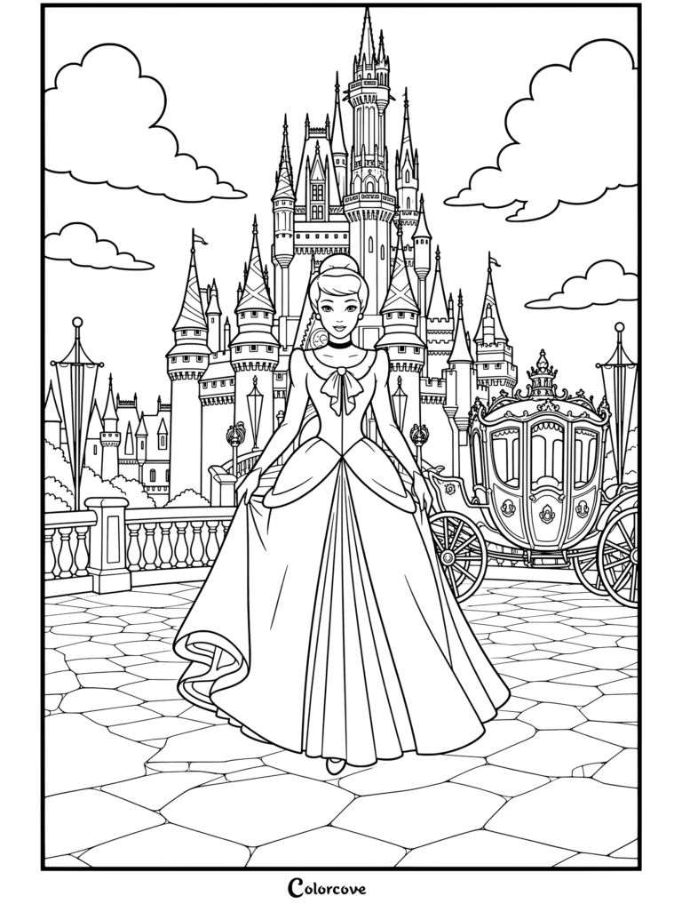 Cinderella in blue ballgown posing in front of Cinderella's castle with carriage coloring page
