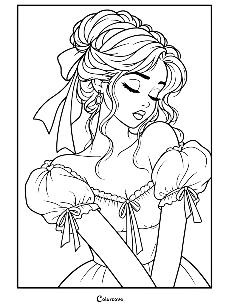 Cinderella stylized digital illustration wearing blue dress puffy sleeves hair bow and gem earrings done coloring page
