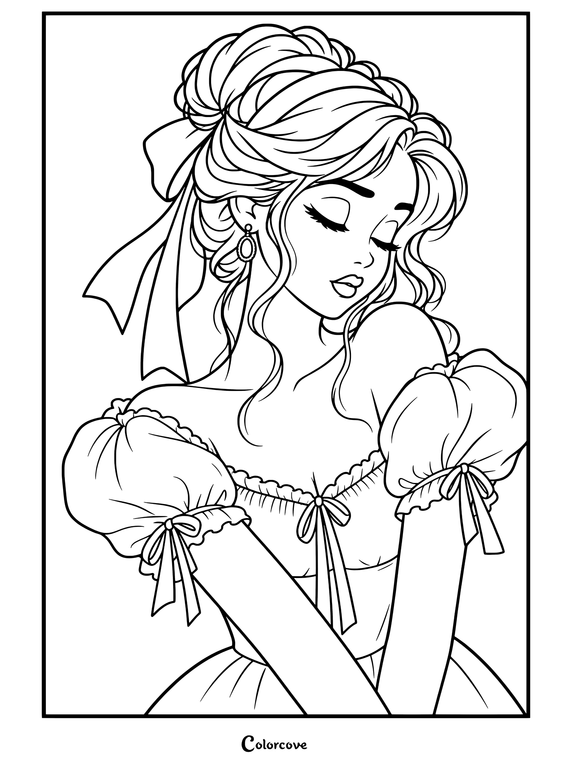 Illustration numérique stylisée de Cendrillon en robe bleue aux manches bouffantes, avec un nœud dans les cheveux et des boucles d'oreilles en pierres précieuses, prête à être coloriée