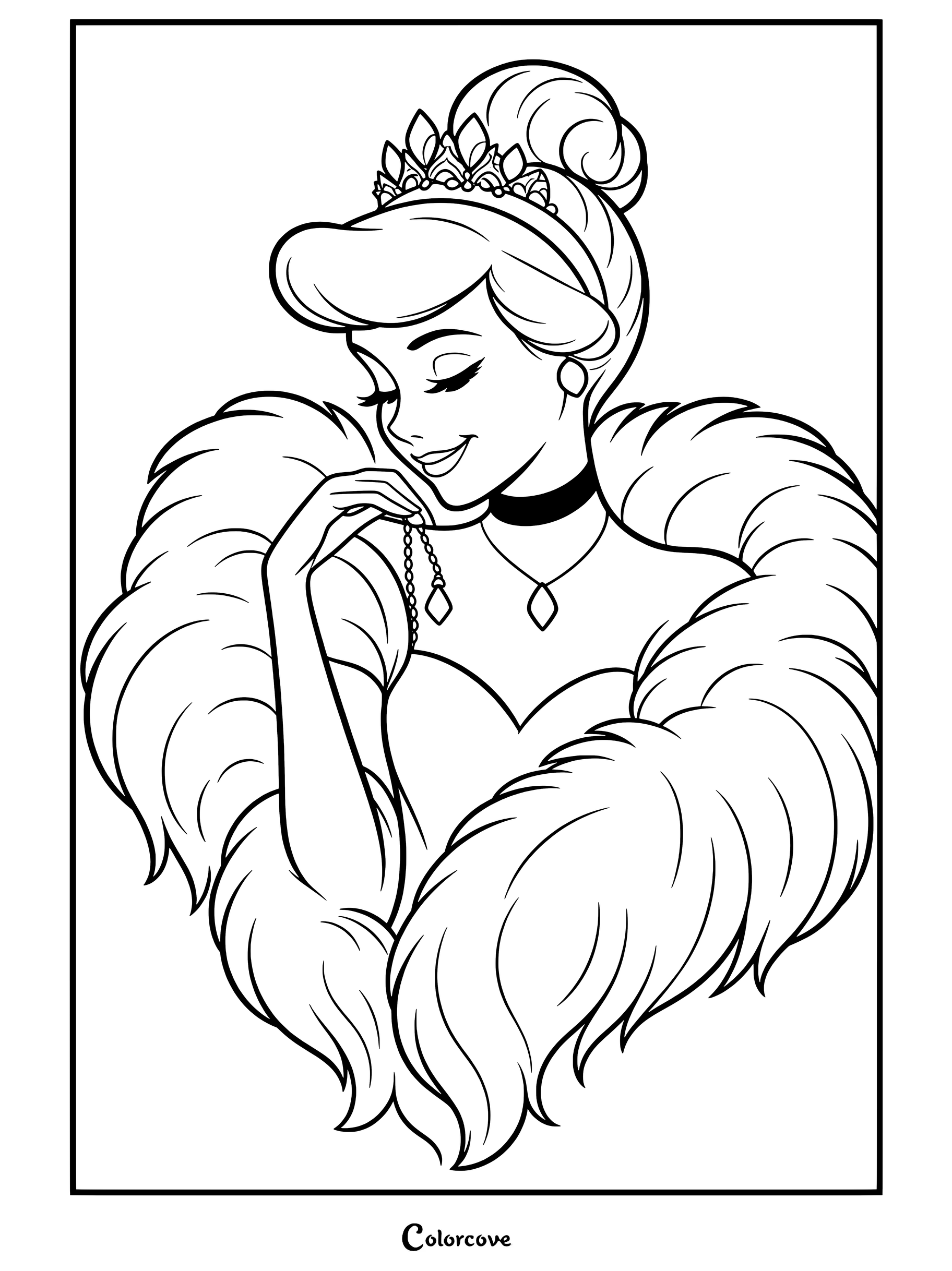 Coloriage de Cendrillon portant un châle de fourrure glamour et un diadème, tenant un collier pendentif