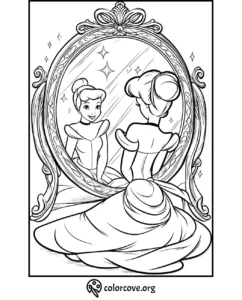 Princess coloring page with elegant dress and mirror reflection. Printable activity for kids' creativity and fun.