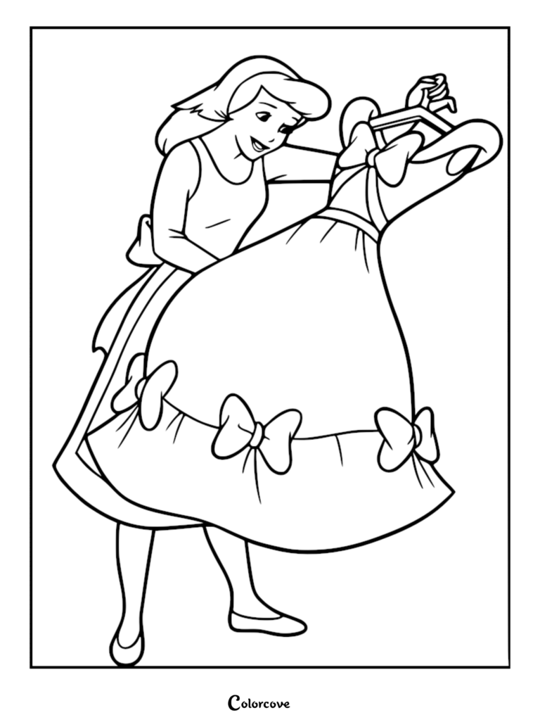 Cinderella admiring the pink dress with bows that her mice and bird friends helped create for her in this printable coloring page.
