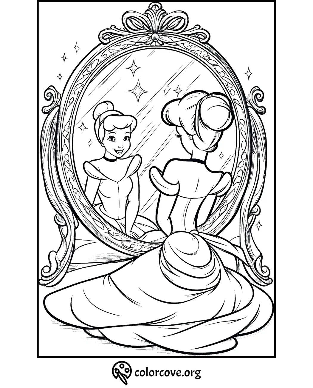 Princess coloring page with elegant dress and mirror reflection. Printable activity for kids' creativity and fun.