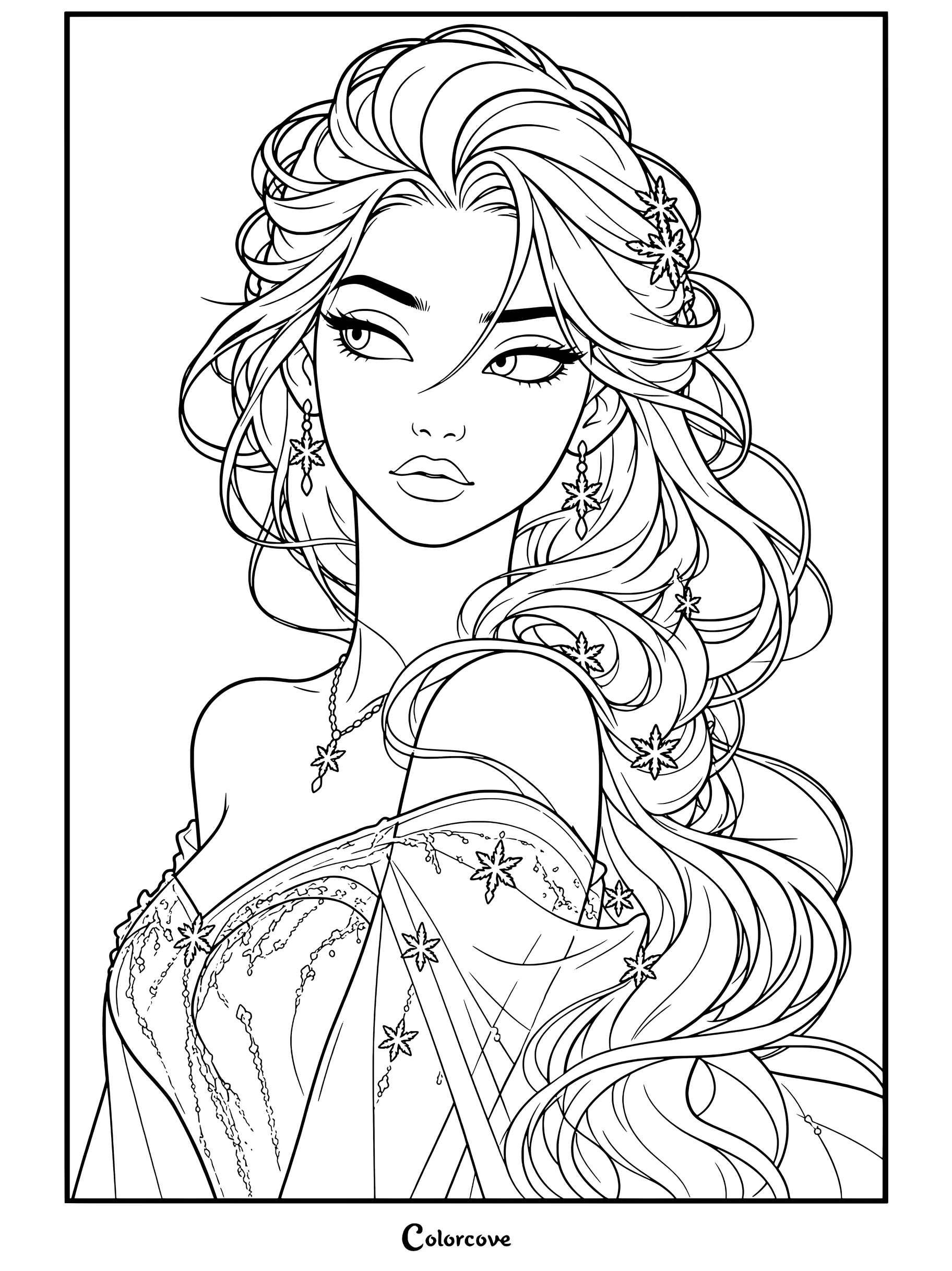 Elsa avec des cheveux blonds tressés et des accessoires en forme de flocon de neige, vêtue d'une robe bleue et regardant par-dessus son épaule, coloriage inspiré des thèmes de Cendrillon