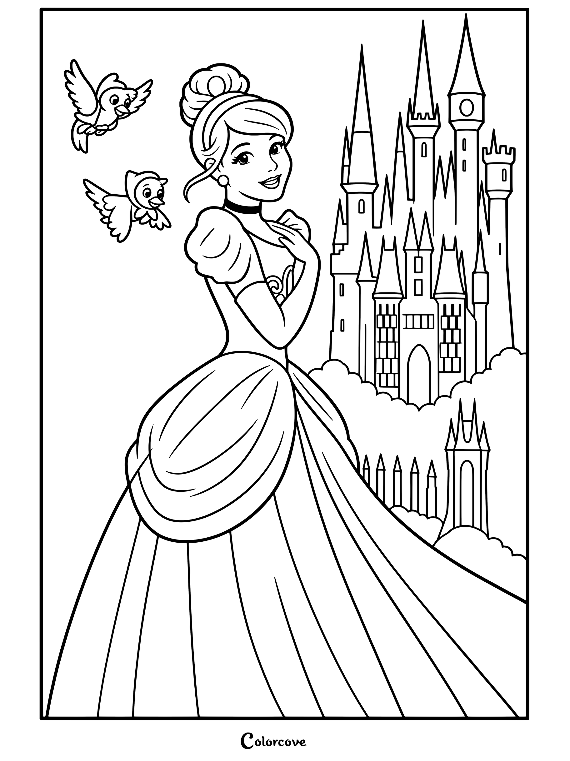 Coloriage du château de Cendrillon, princesse blonde du film de 1950, mettant en scène Cendrillon dans une robe de bal détaillée avec des oiseaux amicaux et son château en arrière-plan.