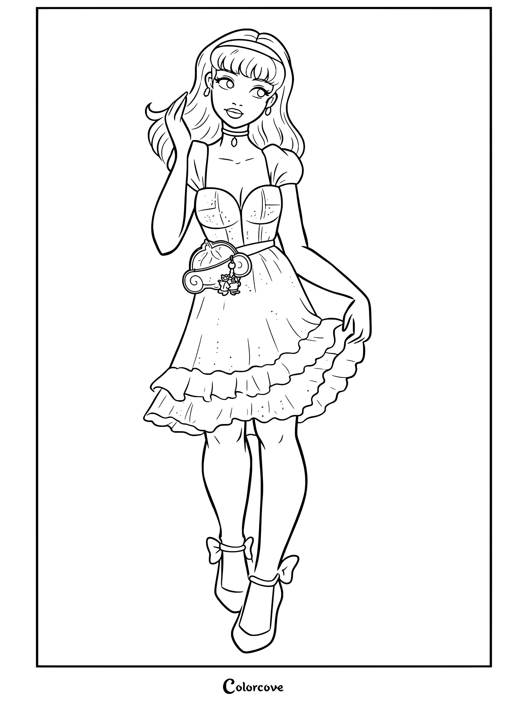 Coloriage d'une illustration de mode moderne de Cendrillon vêtue d'une robe bleu clair avec un sac banane en forme de carrosse en citrouille et des escarpins roses.