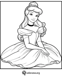 Princess coloring page with gown and updo hairstyle, free printable for kids at colorcove.org.