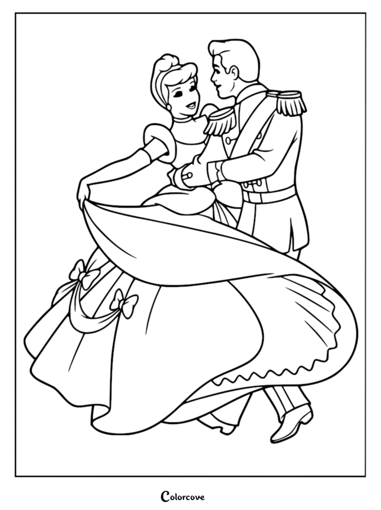 Cinderella and Prince Charming dancing in a ballroom, printable coloring page featuring their elegant royal attire.