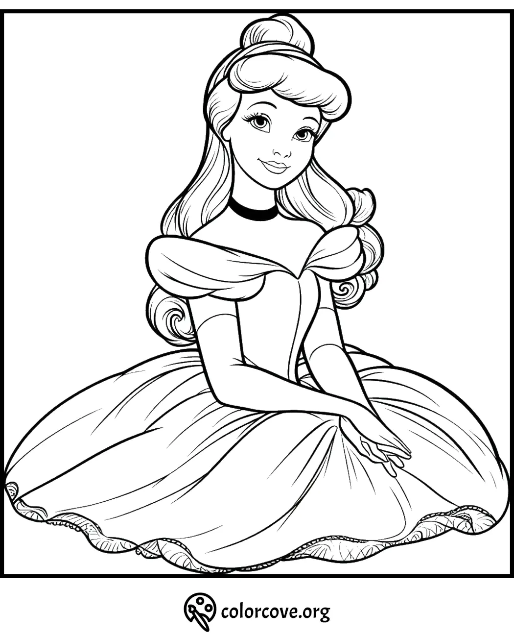 Princess coloring page with gown and updo hairstyle, free printable for kids at colorcove.org.