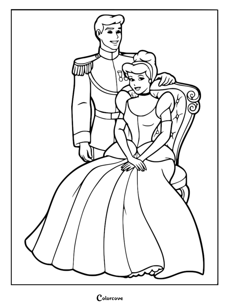 Cinderella sitting in a chair with Prince Charming standing behind her in this printable coloring page.