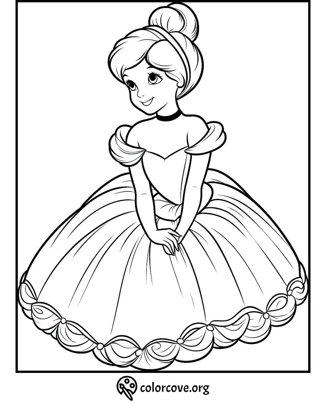 Princess coloring page in elegant gown, perfect for kids to color and enjoy.