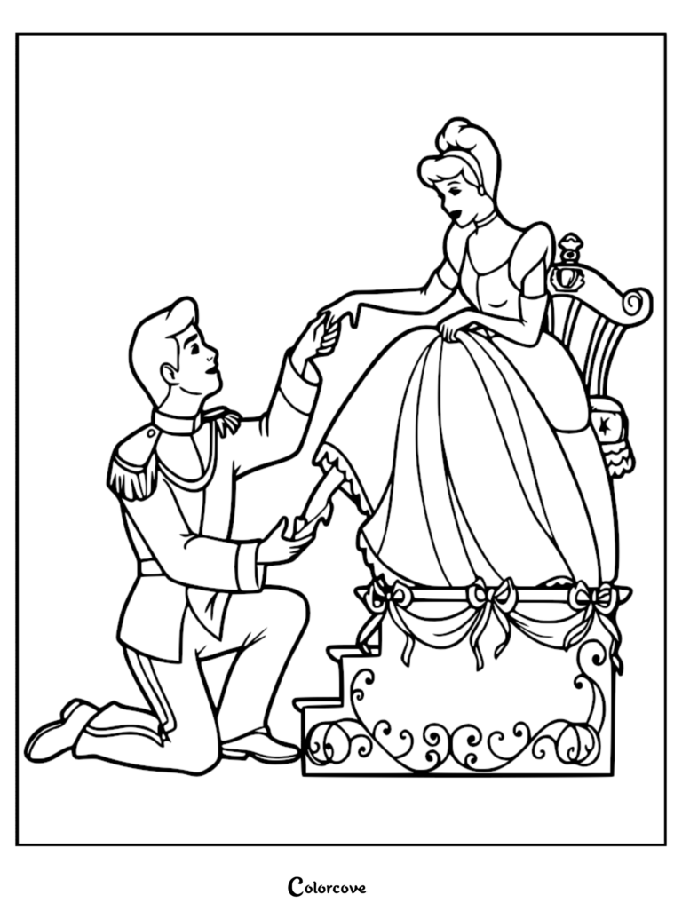 Prince Charming kneeling to place a glass slipper on Cinderella's foot in this printable coloring page.