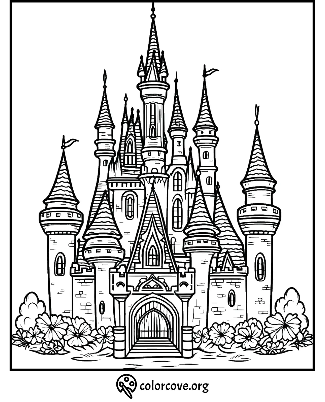 Castle coloring page with tall spires and detailed architecture, perfect for kids and adults to color in.