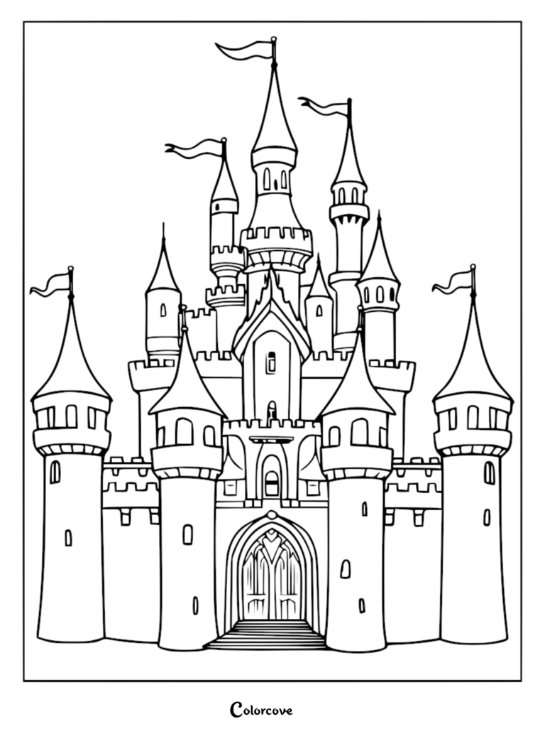 A detailed line art coloring page of Cinderella castle featuring tall spires, arched doorways, and fluttering flags.
