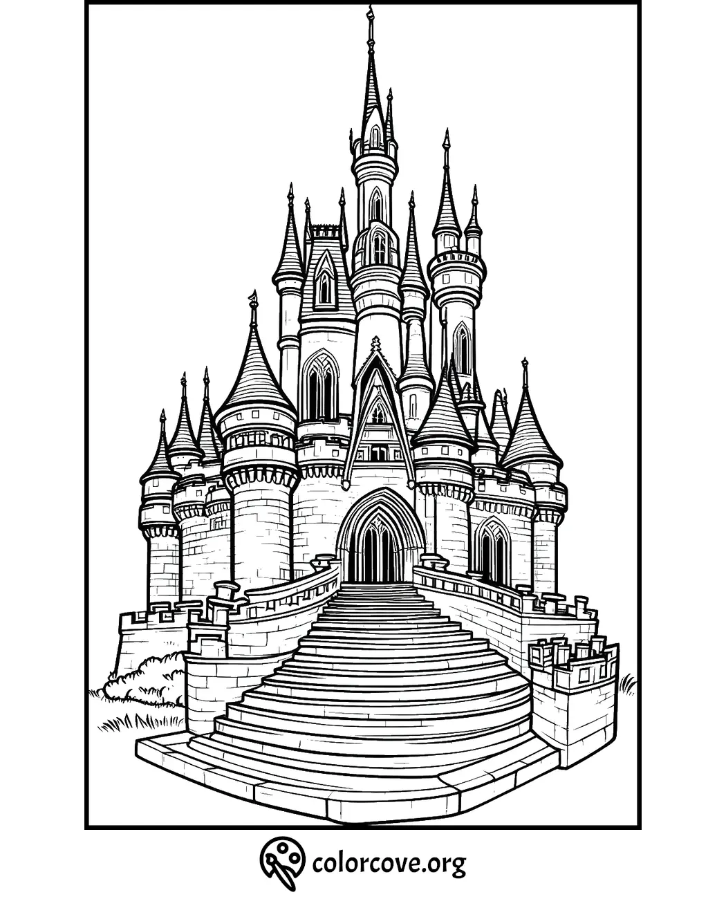 Fairy tale castle coloring page with intricate details, perfect for kids and adults. Download at colorcove.org.