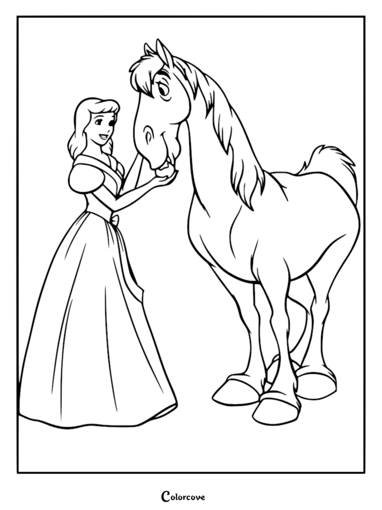 Cinderella feeding an apple to her horse Major in this printable coloring page.
