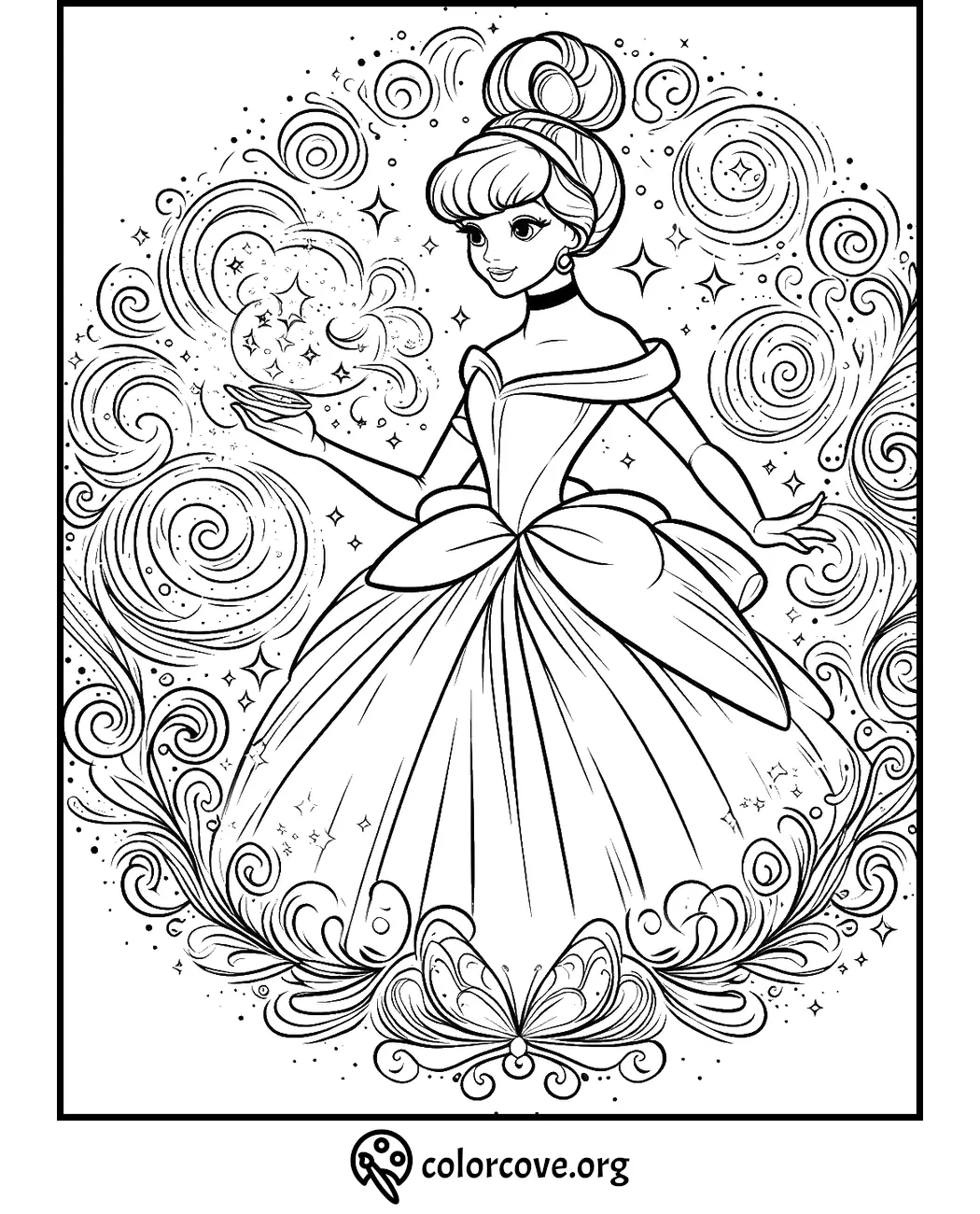 Fairy tale princess coloring page with magical swirls and stars. Perfect for creative kids and adults. Download now!