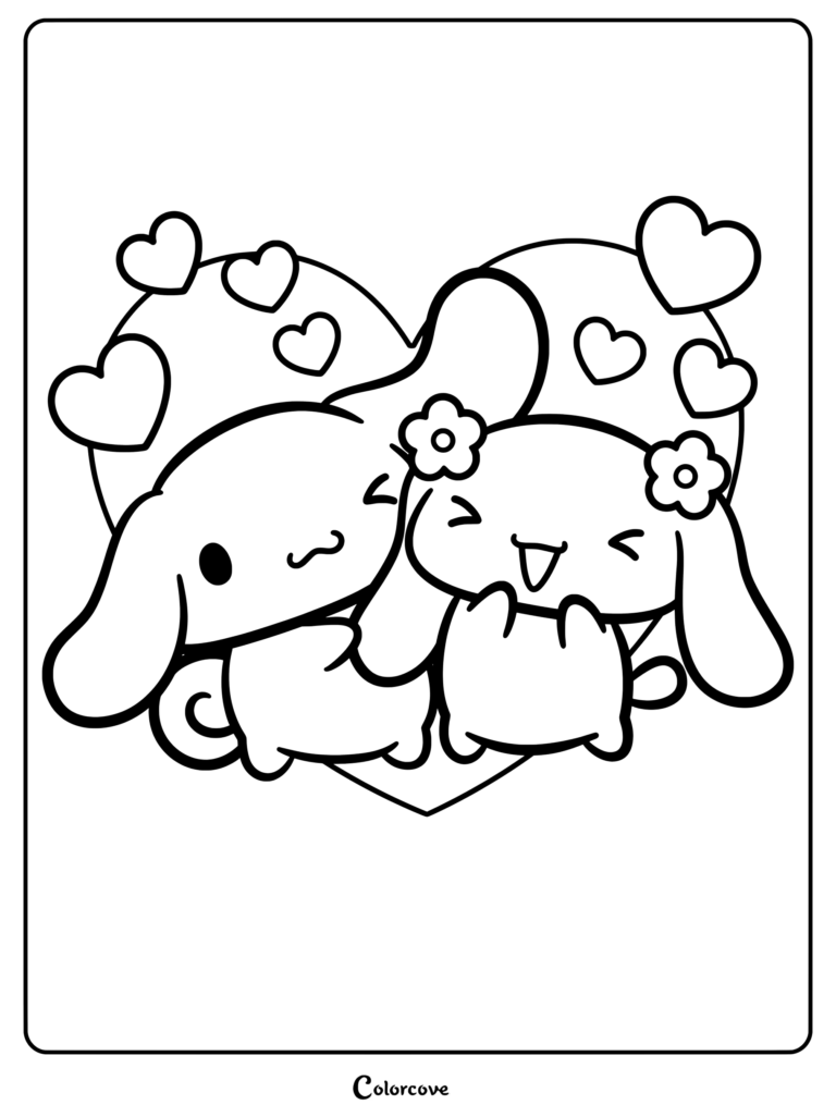 Dibujo para colorear de Cinnamoroll mirando con ojos llorosos y afectuosos junto a su amiga Mocha
