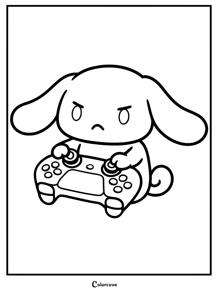 Página para colorear e imprimir de Cinnamoroll jugando videojuegos con expresión enojada