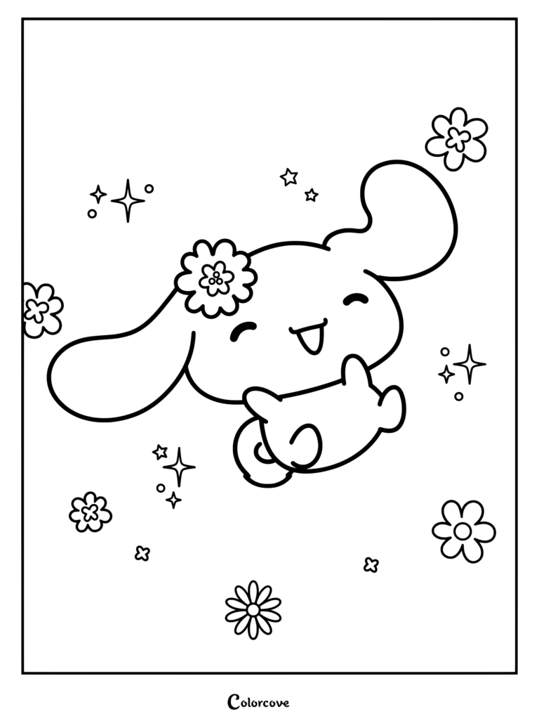 Dibujo para colorear de Cinnamoroll con una flor en la oreja y rodeado de estrellas