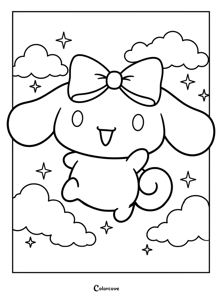 Dibujo para colorear de Cinnamoroll con un lazo grande volando entre nubes y estrellas brillantes