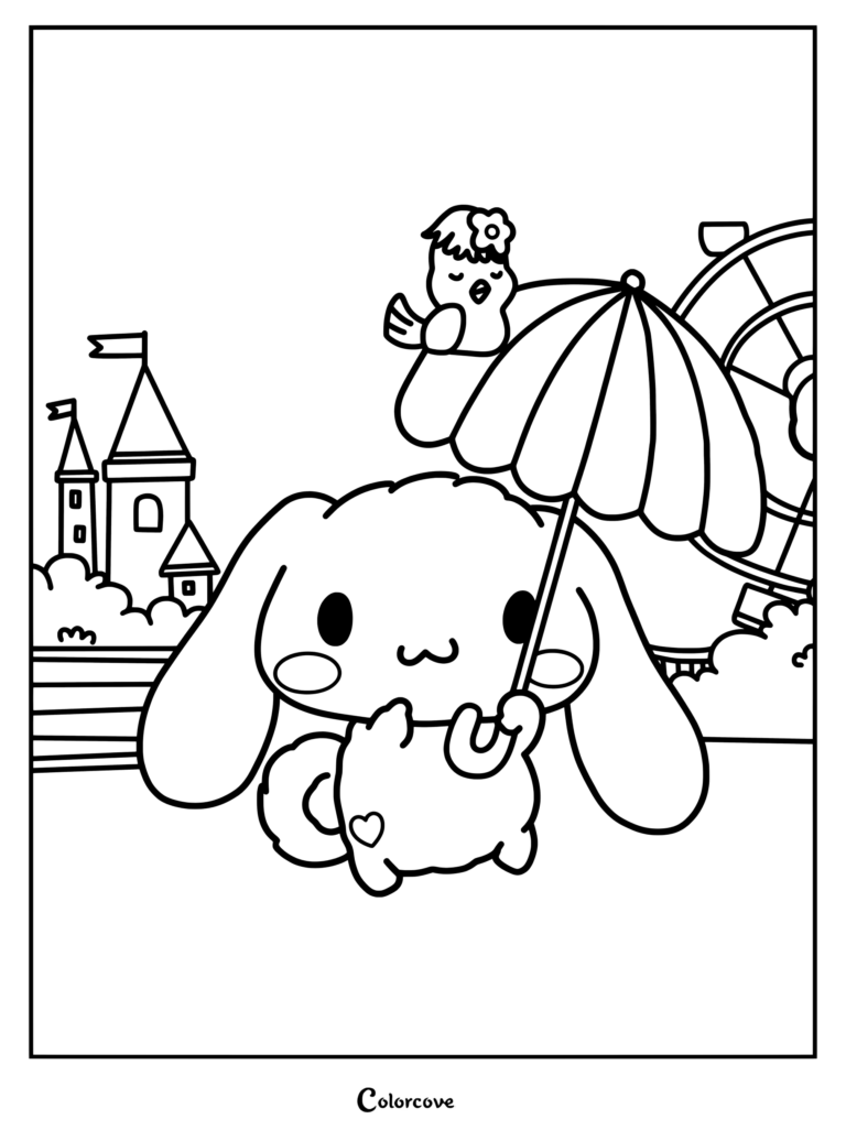 Página para colorear e imprimir de Cinnamoroll con un paraguas cerca de un castillo y una rueda de la fortuna