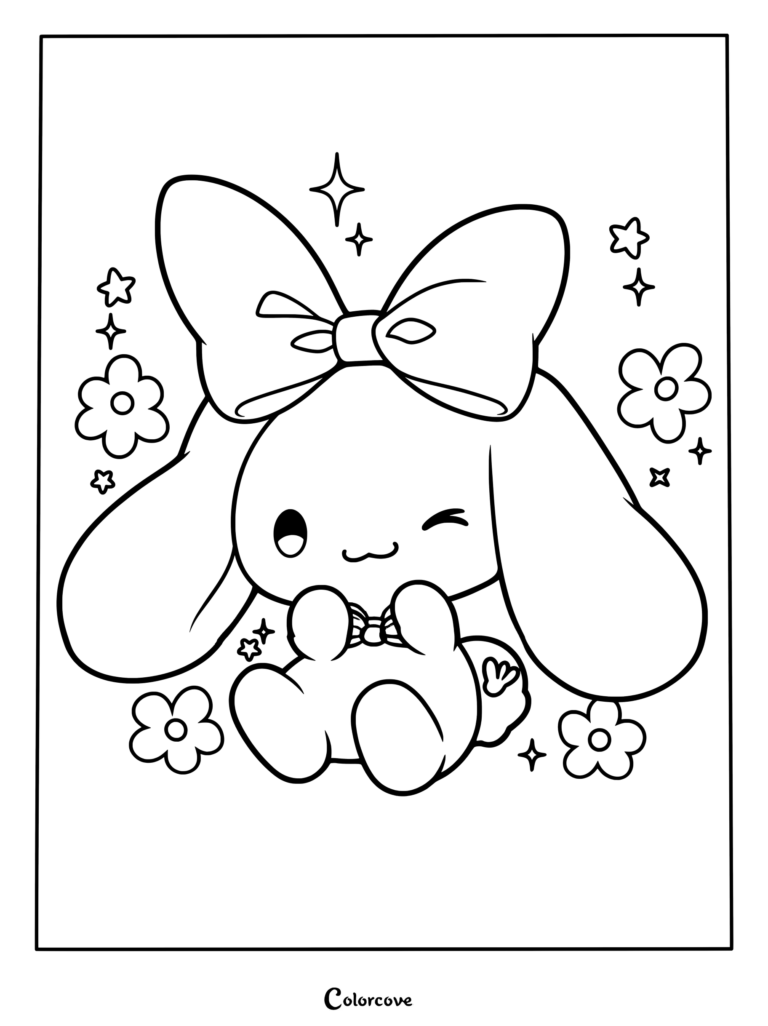 Dibujo para colorear de Cinnamoroll guiñando un ojo con un lazo gigante, rodeado de flores y destellos