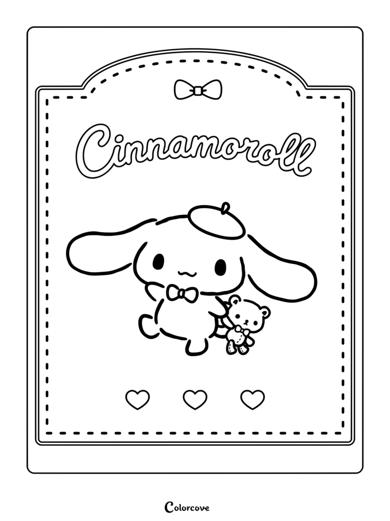 Dibujo para colorear enmarcado de Cinnamoroll con boina y pajarita sosteniendo un oso de peluche