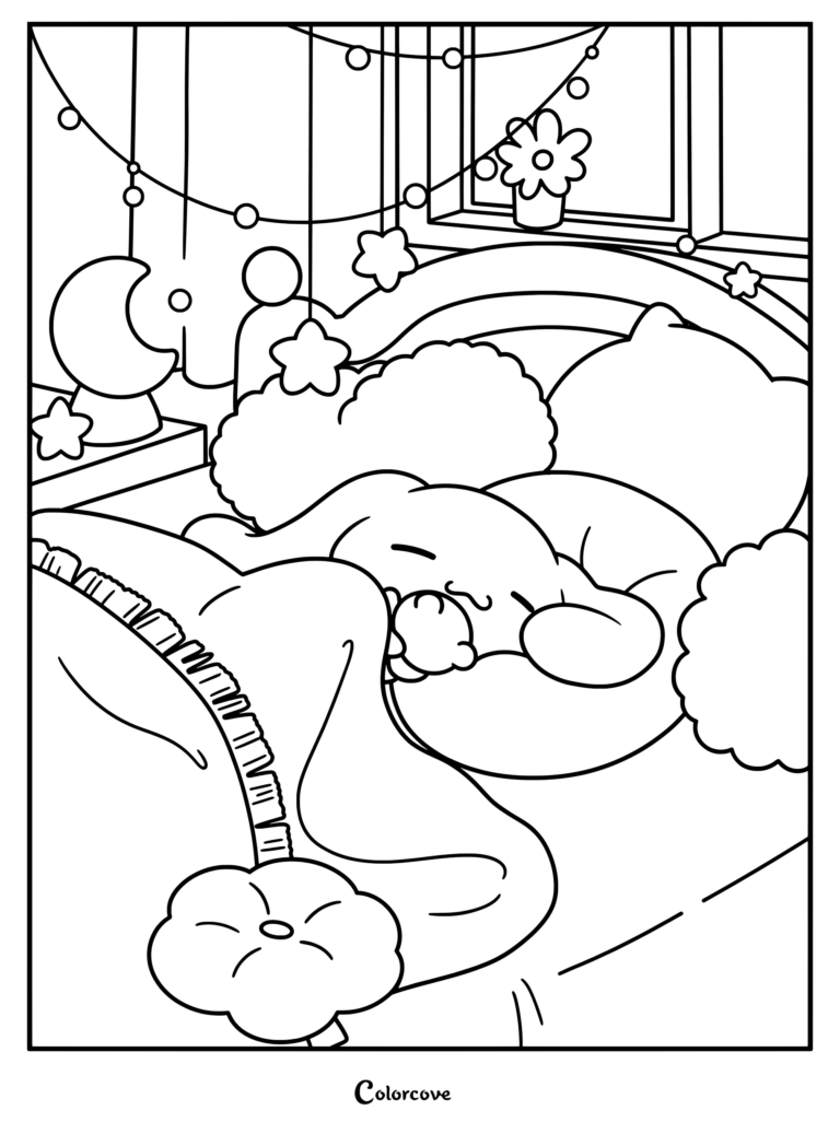 Página para colorear e imprimir con Cinnamoroll durmiendo plácidamente en la cama con un osito de peluche bajo mantas acogedoras