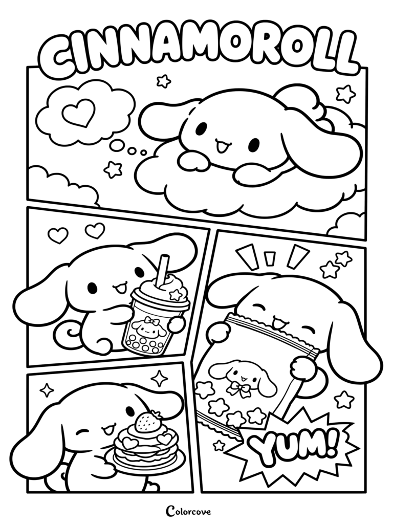 Cinnamoroll relaxing on clouds and enjoying sweet treats.