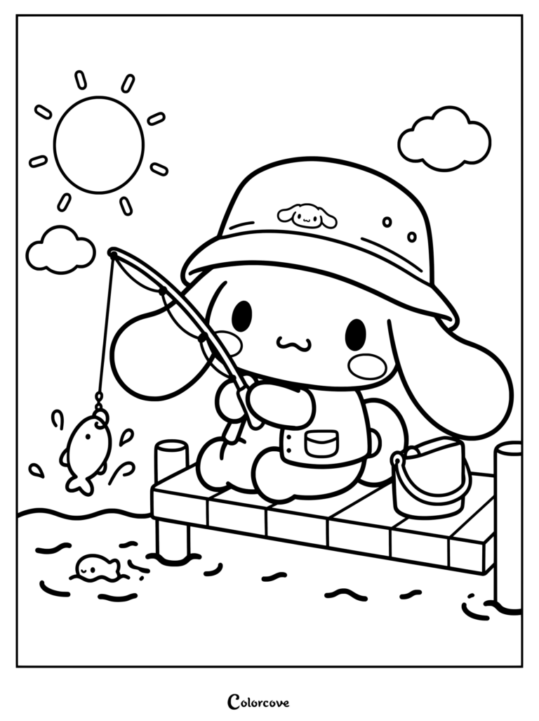 Página para colorear e imprimir de Cinnamoroll con gorro piluso en un muelle de madera pescando un pez con su caña