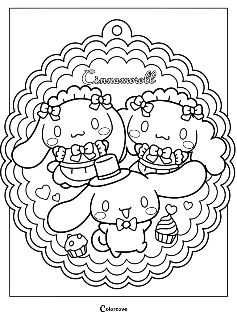 Dibujo para colorear de Cinnamoroll junto a sus amigas Mocha y Chiffon vistiendo adorables delantales de estilo sirvienta y lazos