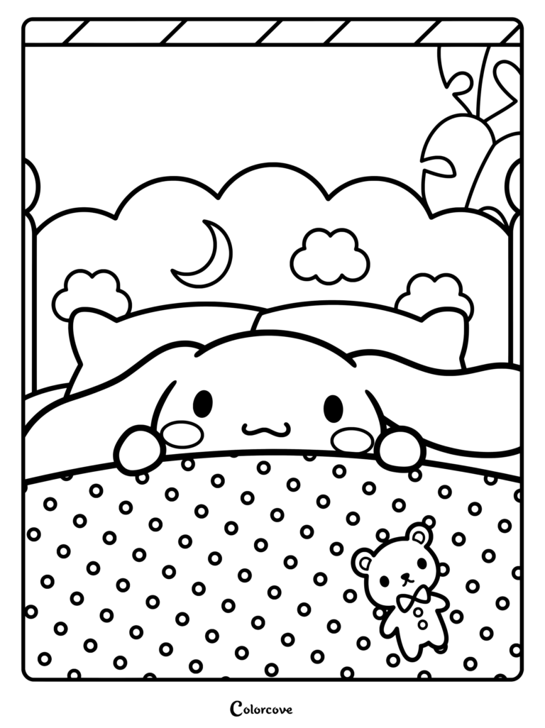 Dibujo para colorear de Cinnamoroll durmiendo en la cama con un osito de peluche