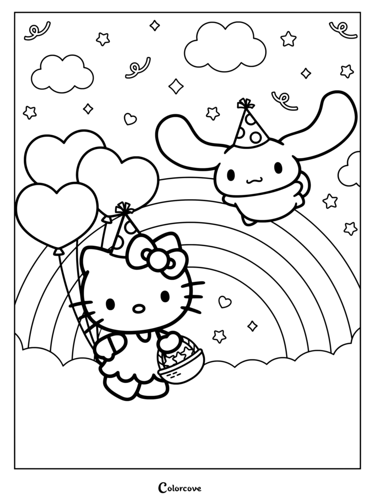 Dibujo para colorear de Hello Kitty sosteniendo globos en forma de corazón y Cinnamoroll con un gorro de fiesta frente a un arcoíris