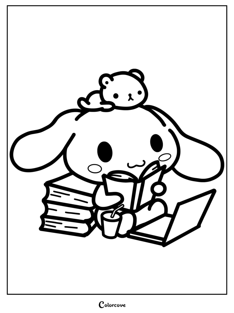 Dibujo para colorear de Cinnamoroll sentado con una pila de libros, sosteniendo un libro abierto, con Milk descansando sobre su cabeza y un portátil cerca